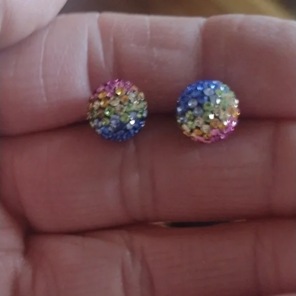 VINTAGE STERLING SILVER .925 MULTICOLOR PAVE CRYSTAL 8MM BALL STUD EARRINGS - Picture 8 of 9